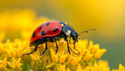 Ladybug with black spots crawling across cluster of small, vibrant yellow flowers