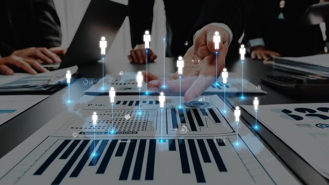 A business team gathers around a table, analyzing data displayed on charts and graphs. Digital elements represent collaboration and strategic decision-making in a modern office. Raster