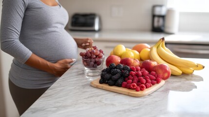Expectant mother selecting fresh berries and fruits in modern kitchen. Balanced prenatal diet and healthy lifestyle concept for unborn child care and maternal wellbeing