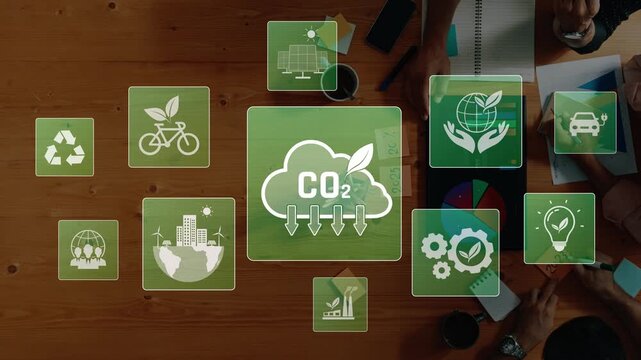 This illustration represents various eco-friendly concepts, focusing on clean energy, recycling, and carbon reduction for a sustainable future, showcasing modern innovation. Raster