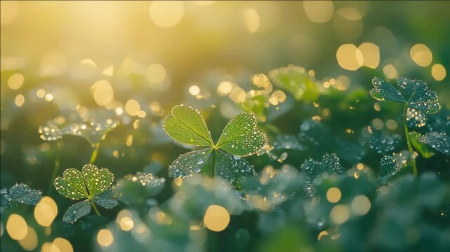A vibrant, sunlit St. Patrick's Day scene with glittering dew on shamrock clover leaves.