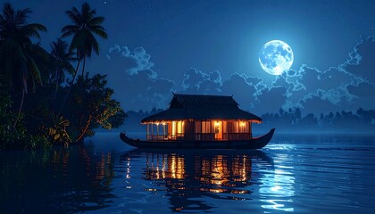 Luminous full moon over a calm blue river with a floating house reflecting golden lights near tropical trees