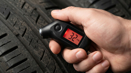 Hand holding tire pressure gauge measuring inflation on tire  Hand Checking Tire Pressure with Digital Gauge Showing 32 PSI, Car Safety Concept