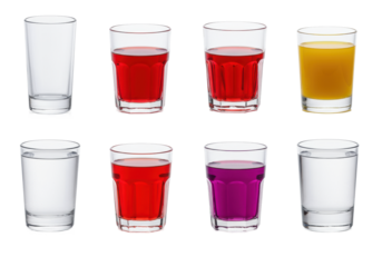 symmetrical grid of eight transparent glasses filled with distinct, saturated fruit juices, reflecting on a transparent background with sharp focus. concept for beverage advertising