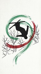 Skier silhouette performs an inverted aerial maneuver, framed by expressive green and red brush strokes and minimalist black tree outlines on a textured white canvas.