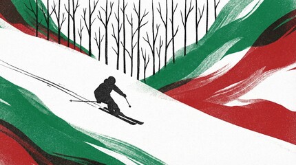 A lone skier in minimalist graphic art descends a white snowy mountain slope, framed by abstract green and red hills and stark bare trees in the winter background.