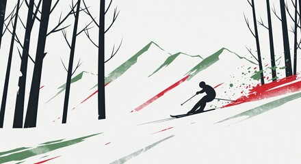 A minimalist graphic art depiction of a skier in silhouette descending a snowy slope amidst bare trees and abstract green mountains, with dynamic red and green brush strokes representing motion.