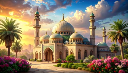 Grand mosque under a vibrant sunset sky, surrounded by lush gardens filled with colorful roses and tall palm trees