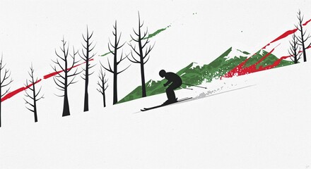A dynamic silhouette of a skier descends a snowy mountain slope, leaving a trail of white powder amidst minimalist bare trees and vibrant green and red abstract brushstrokes.