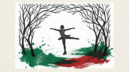 A graceful female figure skater silhouette performs an elegant pose amidst stark bare trees, with vibrant green and red paint strokes on textured white paper creating a minimalist winter art scene.