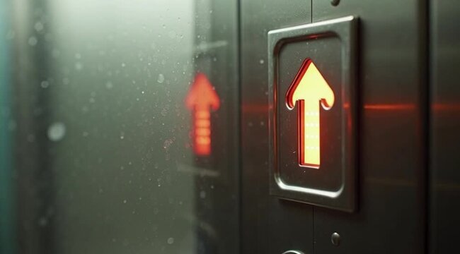 Elevator button illuminated in red with arrow pointing up  