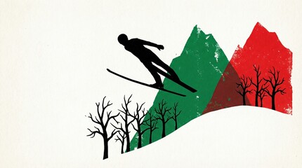 A black silhouette of a ski jumper soars over a snowy hill with stylized green and red mountains and bare trees in a minimalist graphic illustration.