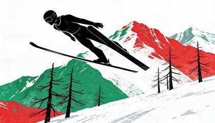 A stylized graphic illustration depicts a person ski jumping high above a snowy mountain landscape with red and green peaks and bare trees under a clear white sky.