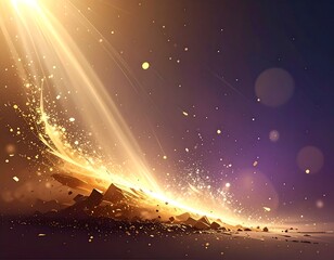Luminous golden light sweeps across scattered debris, creating a magical, ethereal glow against a hazy, dark background