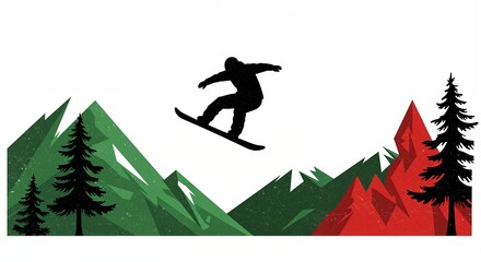 A dynamic black silhouette of a snowboarder jumps mid-air against a minimalist white background, flanked by stylized green and red mountains with textured black pine trees.