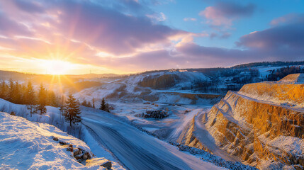 Open-pit coal mining in winter sunset landscape, cold season extraction operations, golden hour lighting, defocused snowy quarry terrain, with copy space