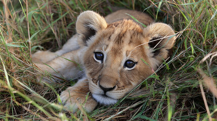 a baby lion laying in the grass