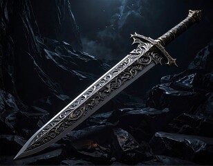 Ornate sword with scrolled patterns lies on dark, rocky ground, lit by moonlight, casting shadows