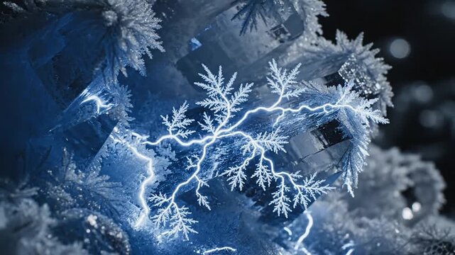 Frozen forest with lightning in the dark
