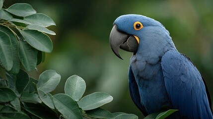 A hyacinth macaw parrot with an orange beak and eye