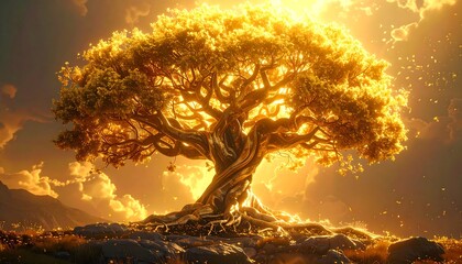 Luminous golden tree with intricately woven branches and roots, bathed in radiant sunlight against a cloudy backdrop