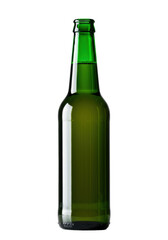 pristine, tall-necked, emerald green beer bottle, empty and de-labeled, centered on a transparent studio background. dramatic rim lighting highlights glossy glass texture in this hyperdetailed macro