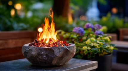 Stone fire pit sitting on patio surface, outdoor living space feature creating cozy ambiance, backyard heating element, defocused garden setting, with copy space
