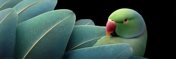 A green parrot is sitting on a leafy branch
