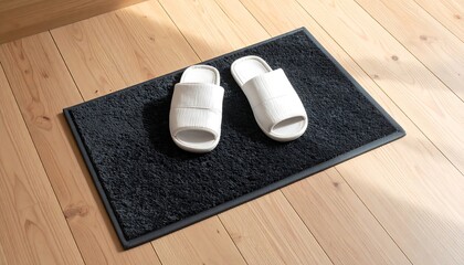 Indoor White slippers sit atop a dark mat on a light wood floor bathed in sunlight