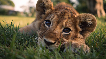 a baby lion laying in the grass