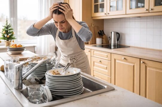 Stressed woman overwhelmed by dirty dishes at kitchen sink during household chores and domestic burnout