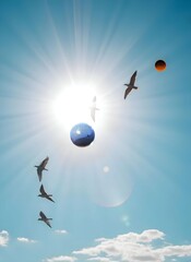 Birds and balls in the sunny sky