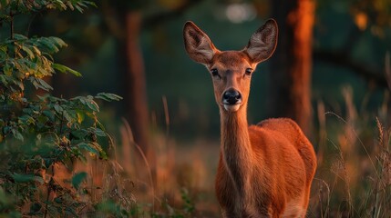 Wild deer at forest edge in golden hour light