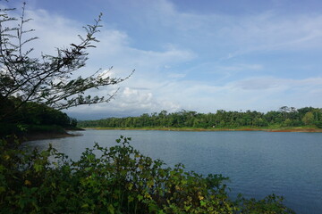 A lake with a clear sky above it. The water is calm and still. The trees surrounding the lake are lush and green, Malang, East Java, Indonesia.