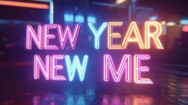 Motion Graphic of Neon Text &ldquo;New Year New Me&rdquo; on a Dark Background, Featuring Glowing Colors, Energetic Typography, and a Bold Motivational Message for Fresh Beginnings and Personal Transformation