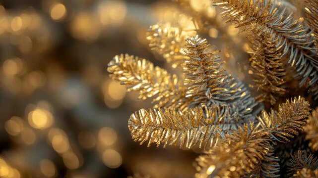 Close-up of pine cones with sunlit golden tinsel texture.