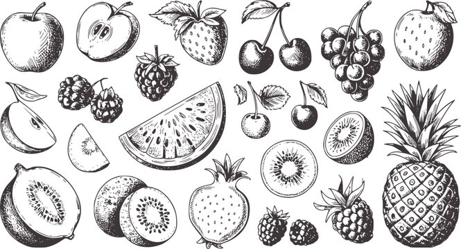 Black and white hand drawn assorted fruits apples strawberries