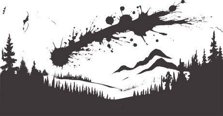 Black ink splatter and comet shapes over silhouette forest mountains © Rakibul V
