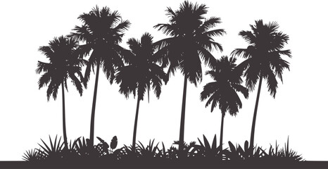 Black silhouette cluster of tall palm trees with foliage © Rakibul V