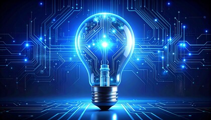 Luminous lightbulb with circuit patterns on a glowing blue background