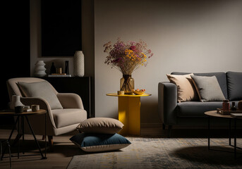  Stylish interior of living room at fancy home with design sofa, yellow side table, dried flowers, pillow, carpet decor and personal accessories in modern home decor.