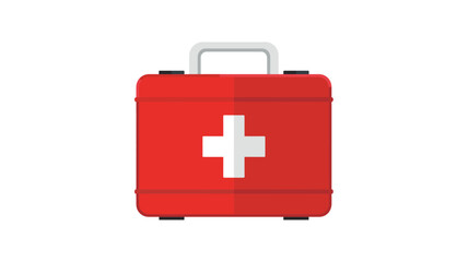 Obraz premium Red First Aid Kit with White Cross in Simple Flat Design on White Background for Medical Emergency