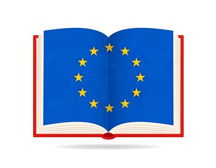 Open book displaying the European Union flag with yellow stars on a blue background