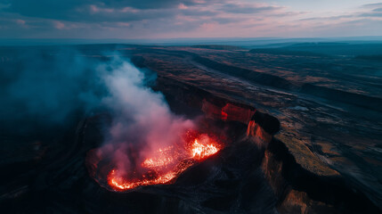 Fototapeta premium Aerial view of coal mining pit ablaze with crimson flames engulfing layers of dark coal, rising smoke plumes forming haze, defocused scarred barren land, with copy space