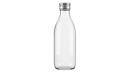Clear glass bottle with a silver cap on white background.