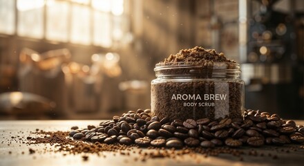 Aroma Brew coffee body scrub jar offering invigorating natural exfoliation glows with scattered