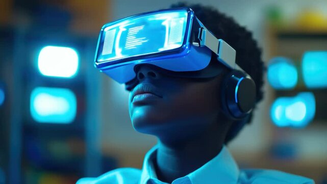 Close-up of boy in shirt with VR headset and goggles, eyes focused on virtual game world, hands on controls.