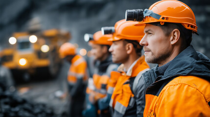 Open pit coal mining with shovels and equipment, faceless workers in protective clothing and helmets, industrial extraction labor, defocused quarry background, with copy space