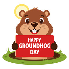 Groundhog popping out of the ground holding Happy Groundhog Day sign, transparent background, isolated, vector