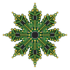 Green electronic snowflake design with circuit patterns in symmetry, transparent background, isolated, vector